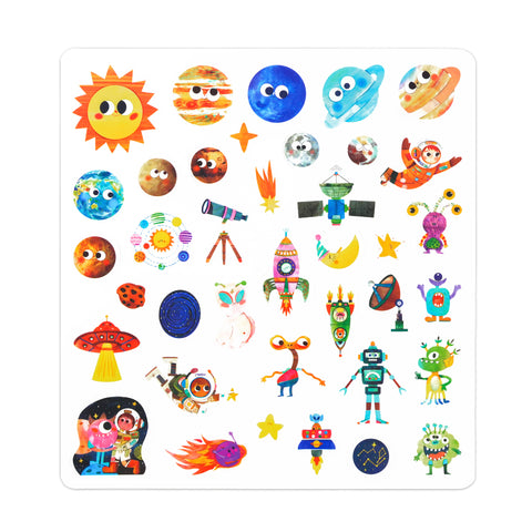 Space Explorer jelly stickers arranged in a space scene