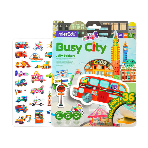 mierEdu Busy City Jelly Stickers pack with fire trucks, cafes and subways
