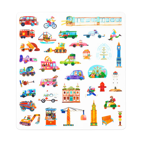Busy City jelly stickers arranged in a city scene