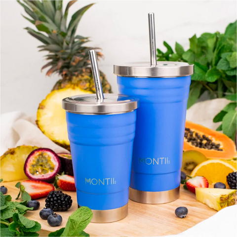 Blue stainless steel cups with straws