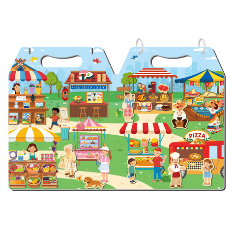 mierEdu Meet My Market fold-out magnetic market scene with produce and shopkeepers