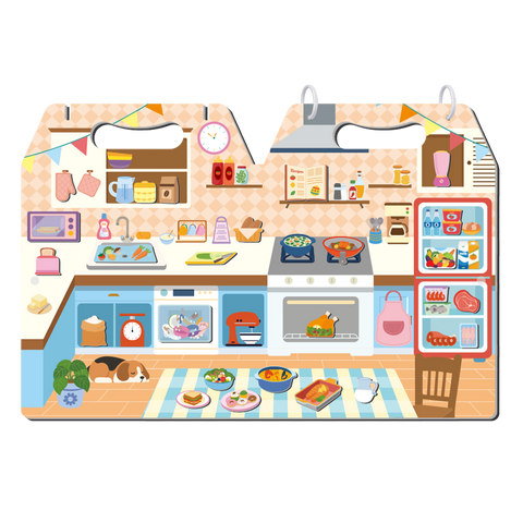mierEdu Meet My Kitchen fold-out magnetic kitchen scene with food and utensils