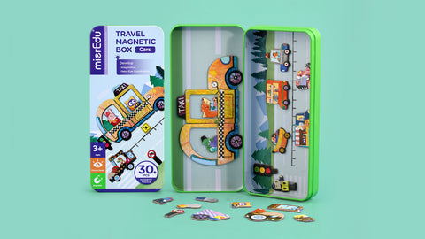 mierEdu Cars magnetic puzzle box open showing pieces