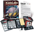 The image shows the 4M KidzLabs Finger Print Kit, a STEAM-based set from 4M designed for children to learn and identify fingerprints. It includes fingerprint cards, magnifying glasses, ink pads, clear tape, and various pamphlets and booklets with instructions and activities.