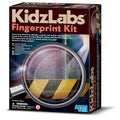 A box of the 4M KidzLabs Finger Print Kit, by 4M, includes a large magnifying glass that reveals detailed fingerprints. The packaging emphasizes learning about fingerprints through STEAM principles and features various tools for fingerprint identification. Recommended for ages 8 and up.