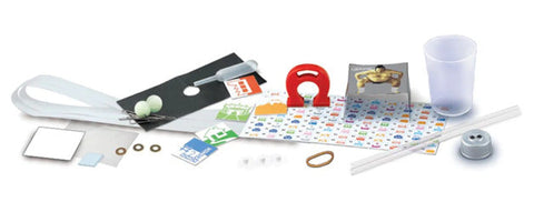 The *4M KidzLabs Science Magic* kit by 4M includes a diverse range of small objects such as a plastic cup, rubber band, red magnet, button, white strip of paper, small stickers, two ping pong balls attached to a paddle, a straw, and a small mirror—ideal for fun science experiments and magic tricks—along with several other craft and experiment materials.
