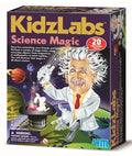 The image displays the vibrant packaging of the *4M KidzLabs Science Magic* kit by 4M. The design showcases a whimsical cartoon scientist performing a magic trick with a rabbit popping out of a hat. Suitable for children aged 8 and above, this entertaining science kit contains 20 thrilling science tricks.