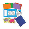 The 4M KidzMaker Dinosaur Rub Art Studio from 4M includes a blue sketch board with a dinosaur drawing, several stencils featuring dinosaur templates, colored pencils, and a small roller. The kit also showcases two colored dinosaur drawings. All items are neatly arranged around a blue pouch.