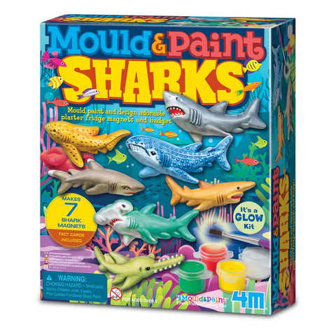 Box of Mould & Paint Sharks craft kit with colorful shark figures and glow-in-the-dark elements.