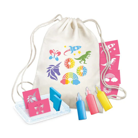 Children's craft kit with a drawstring bag, stamps, and markers on a white background