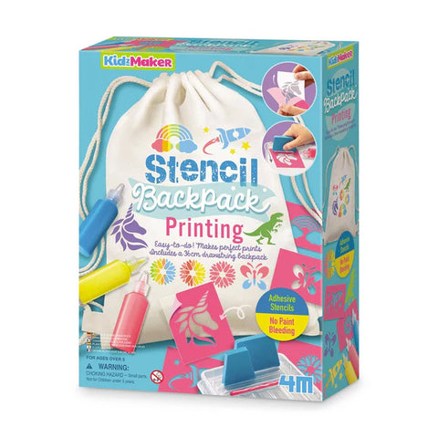Box of 4M Stencil Backpack Printing kit with colorful design and backpack illustration.