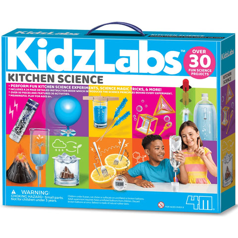 Box of 4M XL Powered Kids Kitchen Science Kit from 4M, featuring various kids science projects on the packaging with images of children engaging in educational science activities. Contains a warning about small parts being a choking hazard and is recommended for ages 8 and up.