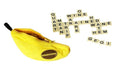 A Bananagrams game set from Planet Fun, featuring an open yellow banana-shaped fabric pouch with letter tiles arranged like a crossword. Words such as "QUART," "WINE," "TRAINED," and "HARK" are visible among the scattered tiles on a white background, promising family fun with this engaging word game.