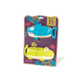 Package featuring two vibrant children's bath toys from Battat: the "Battat Animal Water Squirts," which includes a blue shark and a green alligator. The whimsical water squirters are placed at the top and bottom, respectively, set against a purple background with swirling designs.