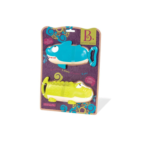 Package featuring two vibrant children's bath toys from Battat: the "Battat Animal Water Squirts," which includes a blue shark and a green alligator. The whimsical water squirters are placed at the top and bottom, respectively, set against a purple background with swirling designs.