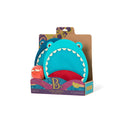 Introducing the Battat B. Shark Velcro Ball Catcher by Battat – a charming children's outdoor playset. This delightful set features two colorful target discs with playful shark designs and a small smiling ball that sticks to the targets with Velcro. It's an excellent way to enhance hand-eye coordination, all packaged in a vibrant, playful box adorned with whimsical artwork and toy branding.