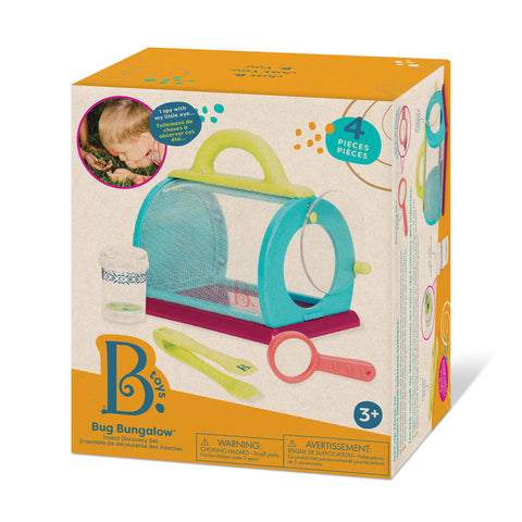 Child using the B. toys Bug Bungalow to inspect a bug