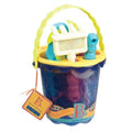 A navy blue Battat Sands Ahoy Medium Bucket, featuring a yellow handle and filled with an assortment of colorful beach toys such as a rake, shovel, and sand moulds.