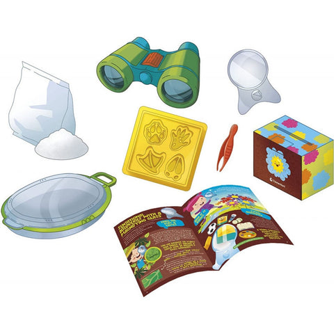 The Clementoni Science & Play - Apprentice Explorers set, brought to you by Clementoni, is perfect for outdoor fun and includes various children's science exploration tools such as a plastic bag of white powder, green birdwatching binoculars, a magnifying glass, a mold tray with various shapes, tweezers, a clear container, a colorful box, and an open instruction booklet.