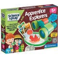 The image shows the packaging for Clementoni Science & Play - Apprentice Explorers, a kit suitable for children aged 5 and up. The box features a vibrant design with illustrations of kids using birdwatching binoculars and various nature-themed items, ensuring hours of educational outdoor fun.