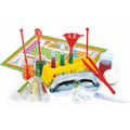 The Clementoni Science & Play - LAB My First Chemistry Set by Clementoni is a kids' science experiment kit that resembles a modern chemistry laboratory. It includes test tubes in a yellow rack, plastic goggles, a funnel, a dropper, mixing sticks, tweezers, and various colorful liquids in containers. The scientific tools are arranged on a white surface alongside an engaging game board.