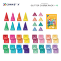 Colorful geometric shapes with glittery texture, labeled 'Connetix Glitter Castle Pack' on a white background.