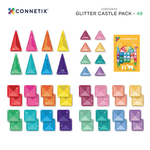 Colorful geometric shapes with glittery texture, labeled 'Connetix Glitter Castle Pack' on a white background.