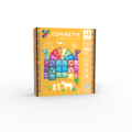 Connetix toy packaging with colorful geometric shapes on a yellow background