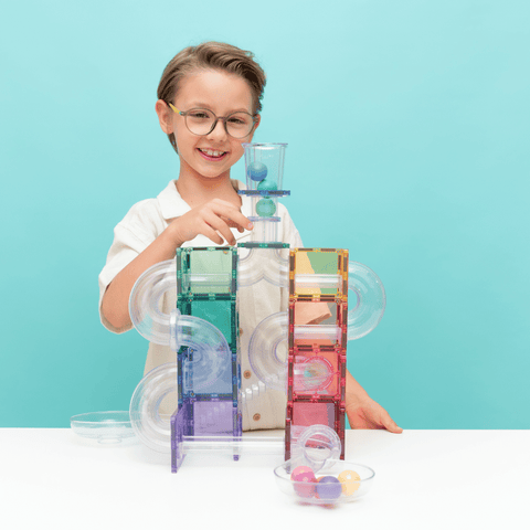 Connetix pastel magnetic tiles and clear fluted tubes