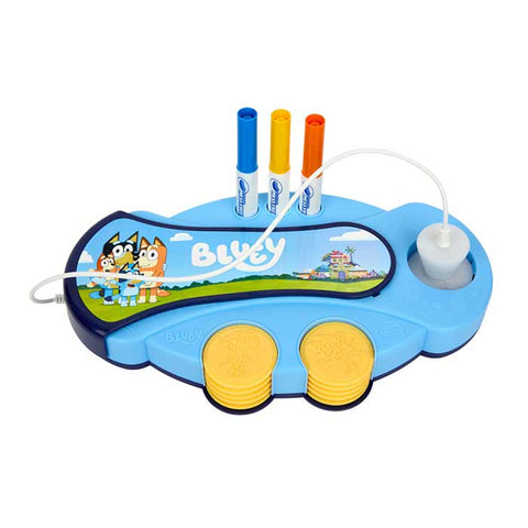 Blue toy set with markers and discs on a white background