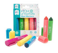 The EC First Creations Maxi Markers - Box of 5 by Early Creations is designed for children aged 36 months and above. This set includes five non-toxic and washable markers in pink, yellow, blue, red, and green. The caps are removed and placed nearby to display the marker tips, with the packaging also visible.