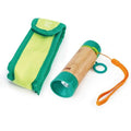 A green and yellow fabric case is next to the eco-friendly HAPE Hand-Powered Flashlight by HAPE, which features green ends and an orange wrist strap. This cylindrical flashlight also includes a small circular attachment with a string loop for easy carrying.
