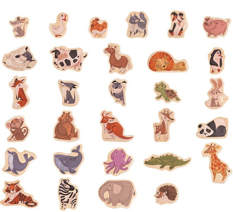 The HAPE Magnetic Animals by HAPE is a collection of vibrant and detailed cartoon animal stickers arranged in rows and columns. Featuring a variety of animals, including a duck, cat, pig, lion, rabbit, dog, elephant, fox, giraffe, tiger, octopus, whale, crocodile deer and more. These colorful magnets can be used to brighten up your whiteboard.