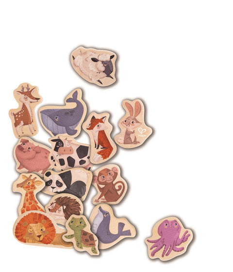 Introducing the HAPE Magnetic Animals by HAPE—a delightful assortment of wooden animal puzzles featuring a lion, giraffe, fox, deer, pig, and more. The pieces are spread out against a white background. These charming animal magnets are perfect for decorating your whiteboard or easel.