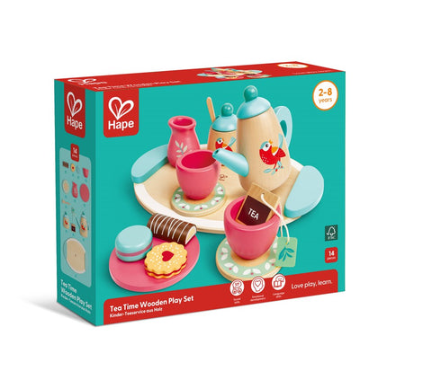 The image shows a HAPE Tea Set in its original packaging. This enchanting tea set is suitable for children aged 2-8 years and includes a wooden teapot, cups, snacks, and accessories in vibrant colors. The box features illustrations of the contents and product details.