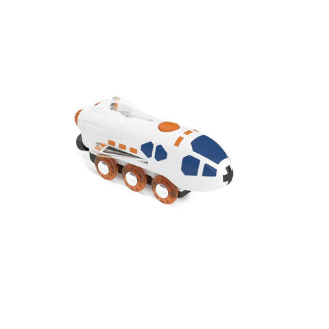 Side view of the Hape Dual-Mode Space Shuttle in train mode, white with blue and orange accents