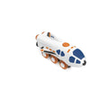 Hape Dual-Mode Space Shuttle in train mode, white with blue and orange details on brown wheels