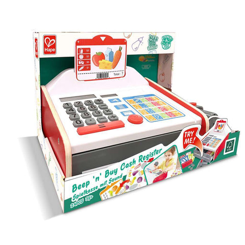 Hape Beep n Buy Cash Register with coins, notes and grocery cards
