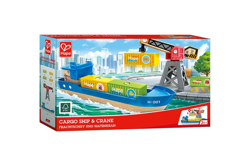 The Hape Cargo Ship & Crane by Hape features a vibrant toy box illustrating a cargo ship and a magnetic crane set. This playset includes a container-loaded ship and an operational crane for unloading, set against the backdrop of a city skyline. The box is labeled with "Cargo Ship & Crane, Frachtschiff und Hafenkran" and is suitable for children aged 3 and up.