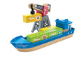 The Hape Cargo Ship & Crane, crafted from wood by Hape, features a blue hull and a magnetic crane for loading yellow and green containers adorned with the Hape logo. The ship also includes a small cabin at the stern, making it a perfect addition to any Hape railway set.