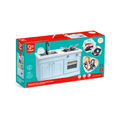 The Hape Deluxe Kitchen with Running Water, a wooden play kitchen with running water, lights and sounds, suitable for ages 3 years and up