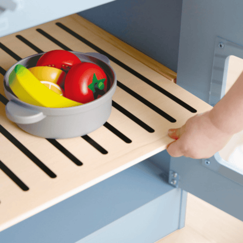 Front view of the Hape Deluxe Kitchen with Running Water wooden play kitchen
