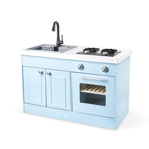The oven of the Hape Deluxe Kitchen with Running Water with an opening door for pretend baking