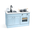 The Hape Deluxe Kitchen with Running Water, a wooden play kitchen with a sink, working water tap, light-up stovetop, oven and storage cupboards
