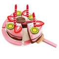 Here's a rewrite using the provided product data:

Image of the Hape Double Flavored Birthday Cake by Hape, featuring eight slices, each adorned with felt fruits such as kiwi and strawberry decorations, and four red and white striped candles. The cake is presented on a white plate accompanied by a pink and wooden cake server, all elegantly arranged on a charming wooden tray with a "Happy Birthday" sign in the center.