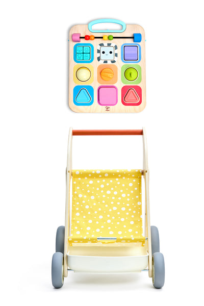 Sliding beads and spinning knobs on the Hape Grow-With-Me Push Walker