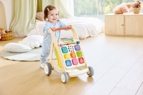 Close-up of the activities on the Hape Grow-With-Me Push Walker