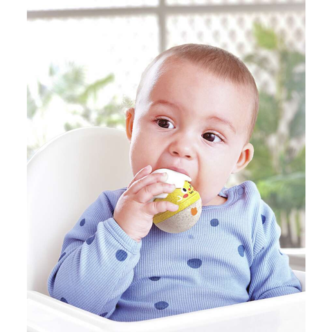 Detail of the friendly faces and gentle colours of the Hape Happy Hatchlings wobble rattles.