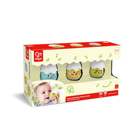 Hape Happy Hatchlings Wobble Rattles, a set of three colourful egg-shaped baby rattles with cheerful faces and soft silicone tops.