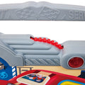 Close-up of Hape Little Racer's Busy Board with a gray track and red connectors.